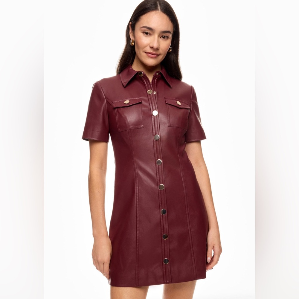 Faux Leather Short-Sleeve Shirt Dress in Burgundy